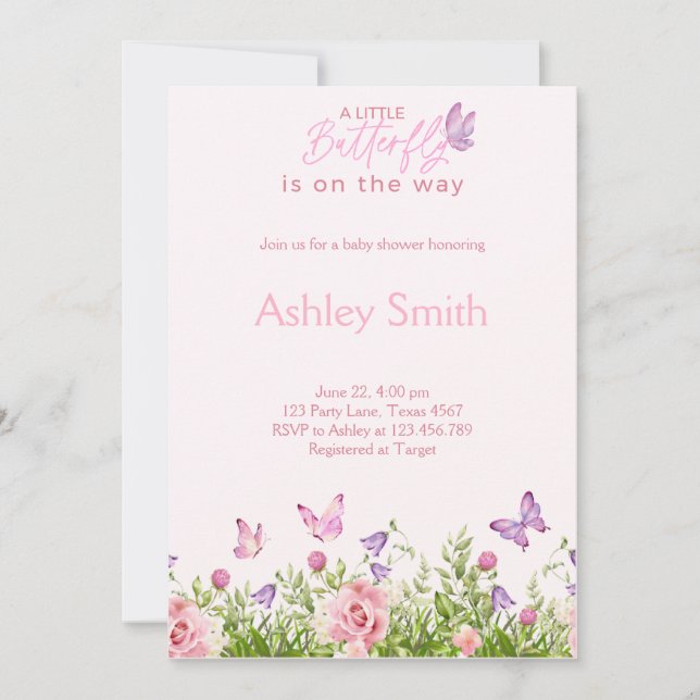 Invitation Papillon sur le chemin Floral fille Baby shower (Devant)