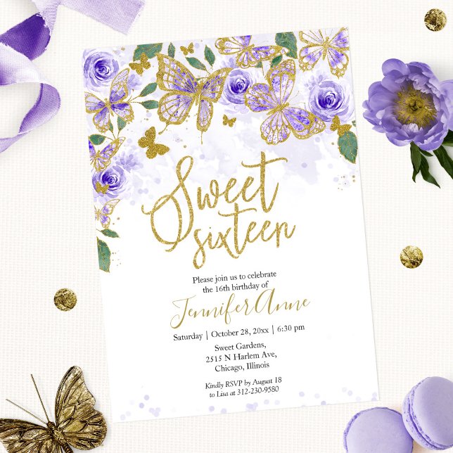 Invitation Papillon Sweet 16 Fleur Violet Or (Créateur téléchargé)