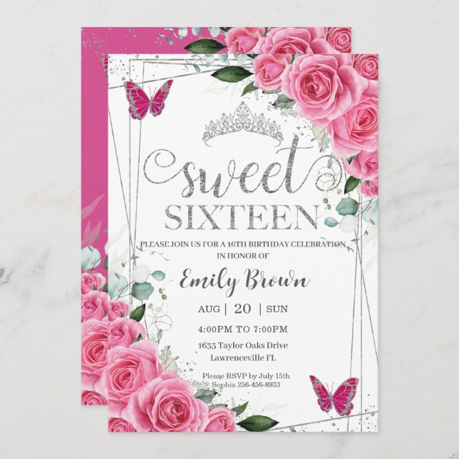 Invitation Papillon sweet sixteen rose Fuchsia Floral Argent (Devant / Derrière)
