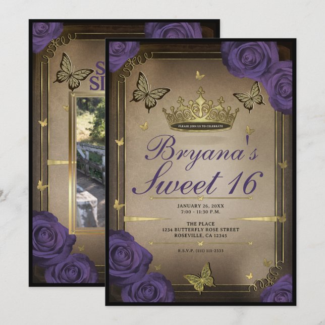 Invitation Papillon Tiara Or Couronne Papillon Fleurs Roses V (Devant / Derrière)