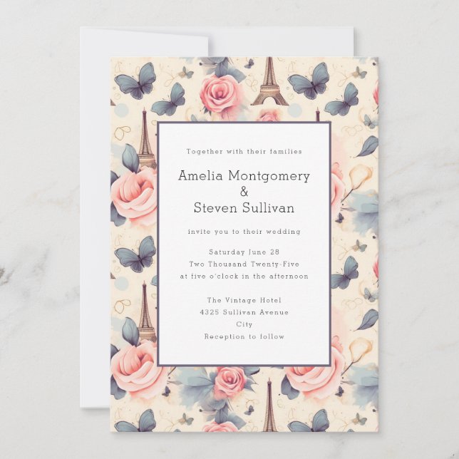 Invitation Papillon Tour Eiffel et Mariage Motif Rose (Devant)