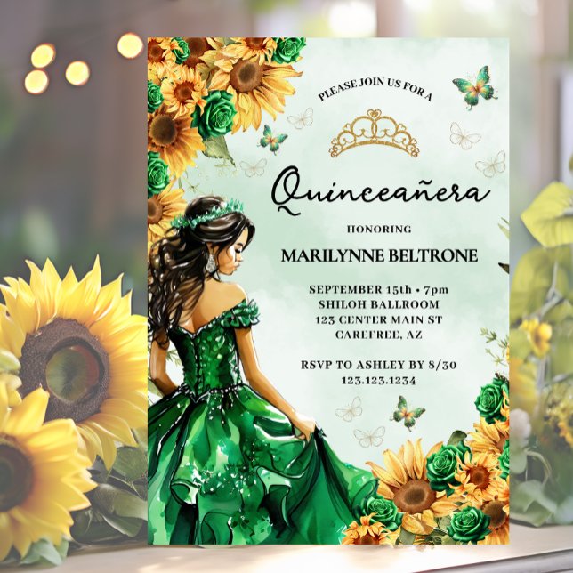 Invitation Papillon Tournesol Vert Princesse Quinceañera (Créateur téléchargé)