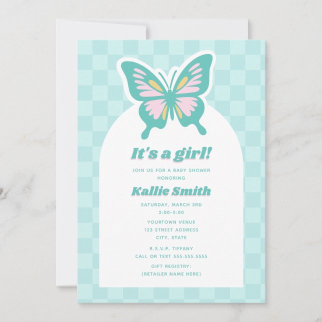 Invitation Papillon Turquoise Checkerboard Girl Baby shower (Devant)