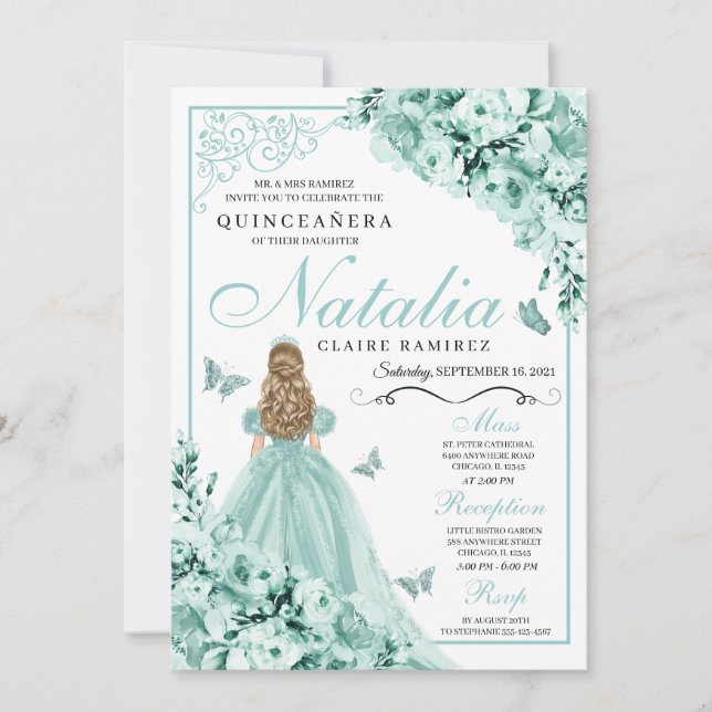 Invitation Papillon vert clair Tiara Princesse Quinceanera (Devant)