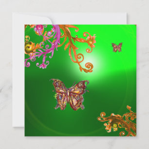 Invitation PAPILLON VERT ÉMERALDE, rose vif jaune marron