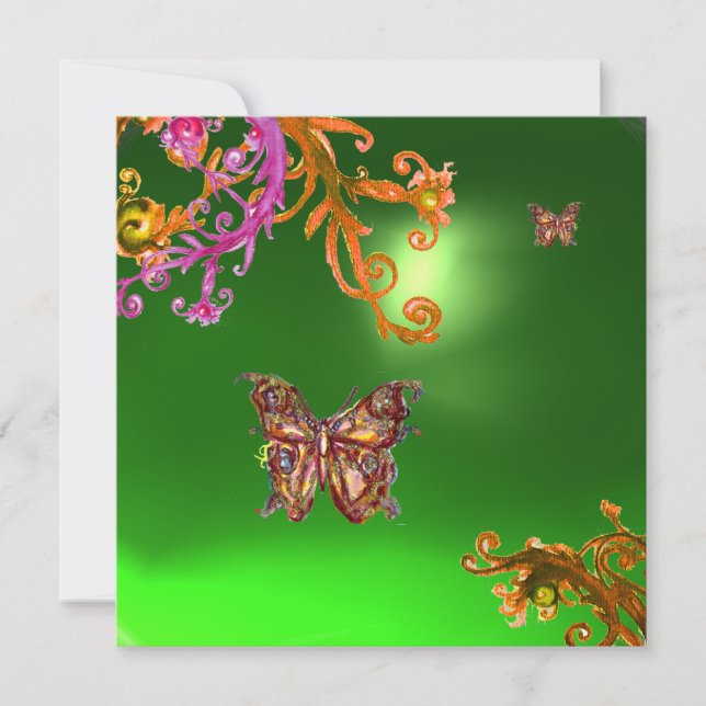 Invitation PAPILLON VERT ÉMERALDE, rose vif jaune marron (Devant)