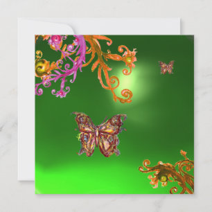 Invitation PAPILLON VERT ÉMERALDE, rose vif jaune marron