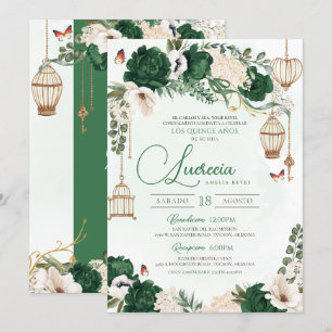 Invitation Papillon vert or Floral Elegant Quinceañera