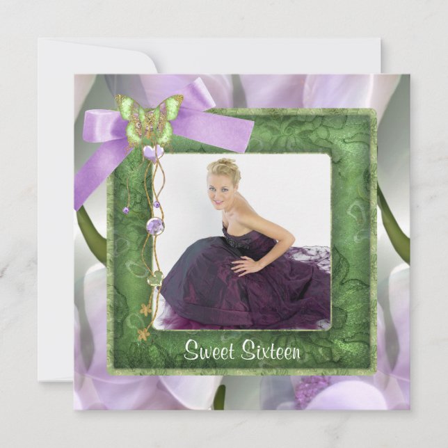 Invitation Papillon vert pourpre Photo Sweet 16 Party (Devant)