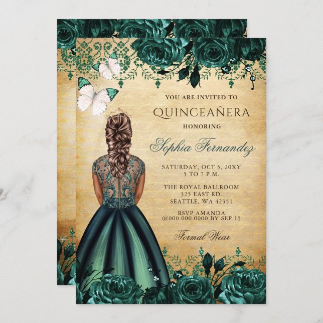 Invitation Papillon vert princesse vintage Quinceañera (Devant / Derrière)