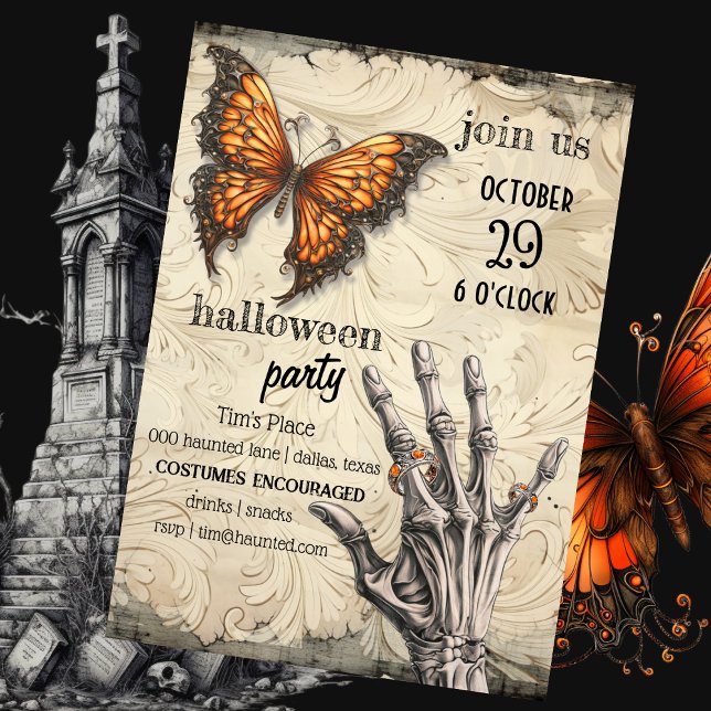 Invitation Papillon victorien | Skeleton | Halloween gothique (Haunted Halloween party invitation with steampunk monarch butterfly and skeleton hand with rings. )