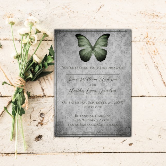 Invitation Papillon Vintage vert Mariage damassé (Green Vintage Butterfly Damask Wedding Invitation)