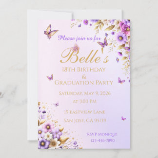 Invitation Papillon Violet 18e Anniversaire et Remise de Dipl