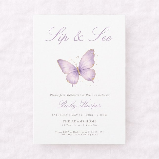 Invitation Papillon Violet Élégant Sip and See (Créateur téléchargé)