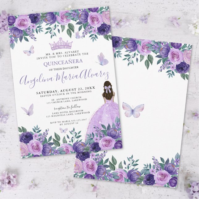 Invitation Papillon Violet Fleur Quinceañera (Purple Butterflies Floral Quinceañera Invitation)