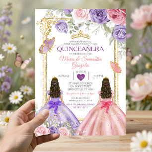 Invitation Papillon Violet Fleur Rose Twin Or Quinceañera