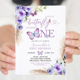 Invitation Papillon violet minimaliste Premier anniversaire