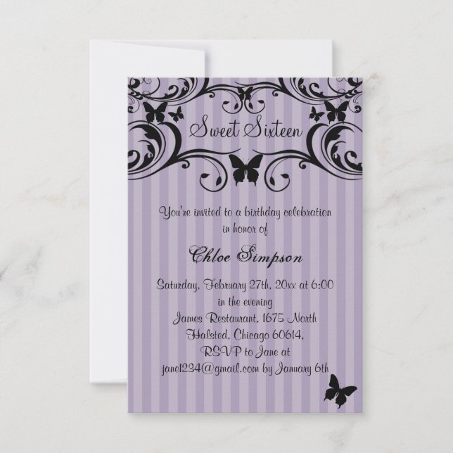 Invitation Papillon Violet & Noir pour Sweet16 (Devant)