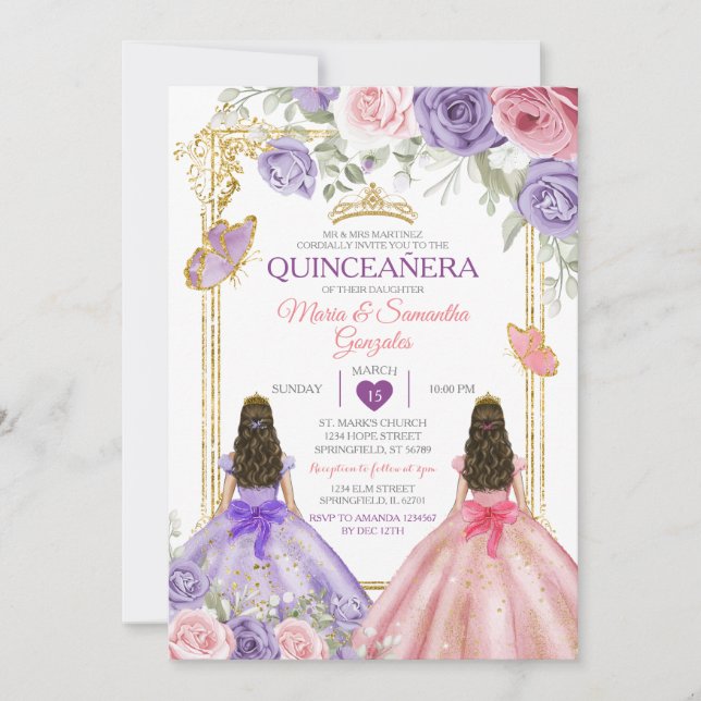 Invitation Papillon violet rose Floral Twin Or Quinceañera (Devant)