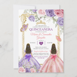 Invitation Papillon violet rose Floral Twin Or Quinceañera