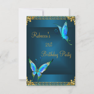 Invitation Papillons 21e anniversaire fête bleue Turquoise