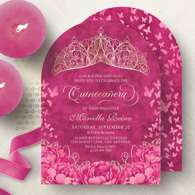 Invitation Papillons à couronne rose chaud Élégante Quinceane (Créateur téléchargé)