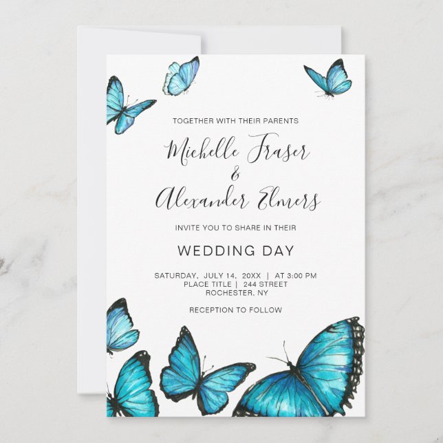 Invitation Papillons à l'aquarelle bleu tendance. Mariage mod (Devant)