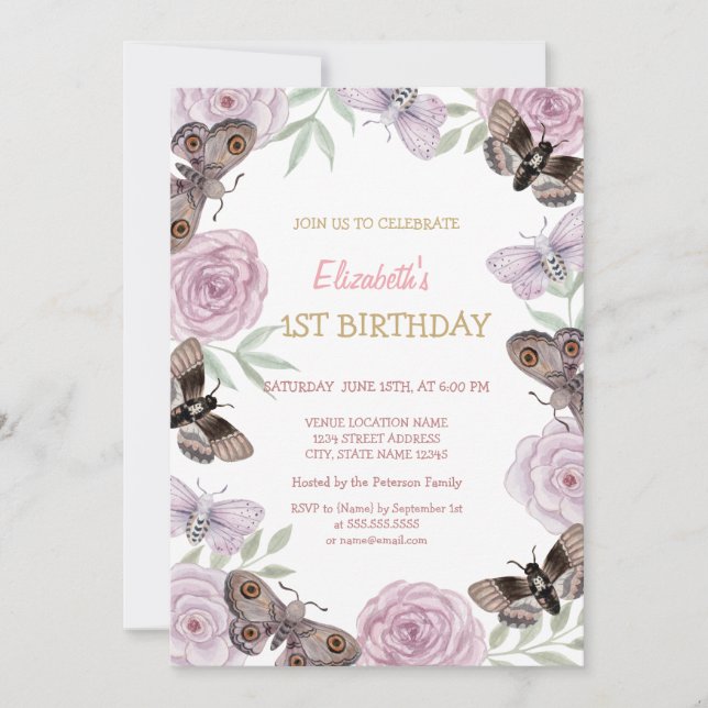 Invitation Papillons à l'aquarelle chic rayures Anniversaire (Devant)