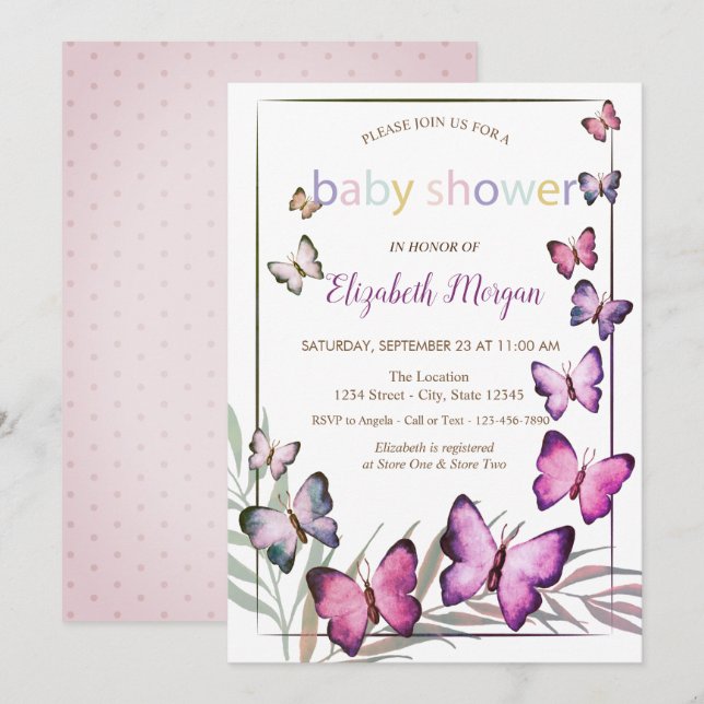 Invitation Papillons à l'aquarelle pois bébé Shower  (Devant / Derrière)