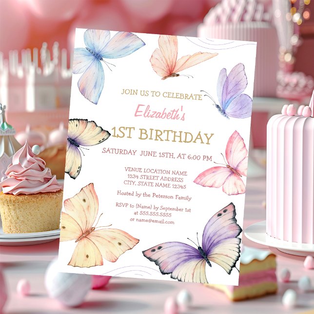 Invitation Papillons à l'aquarelle Rayures Anniversaire (Créateur téléchargé)