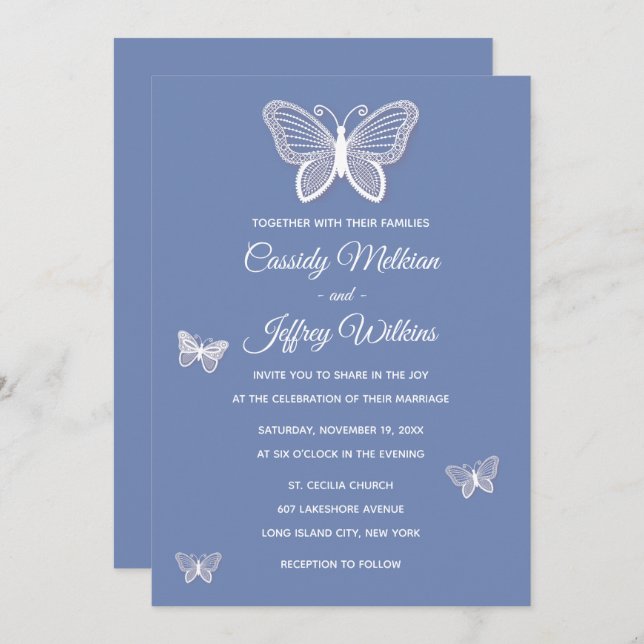 Invitation Papillons à Mariage de Cornouailles Bleues (Devant / Derrière)