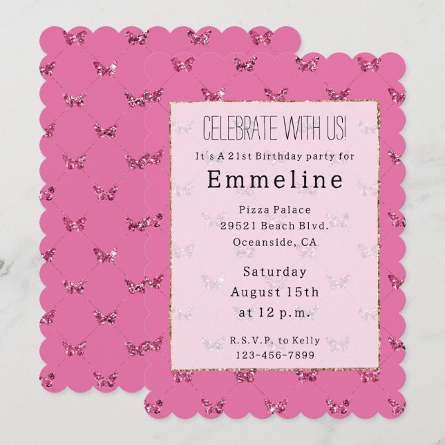 Invitation Papillons à Parties scintillant roses (Devant / Derrière)