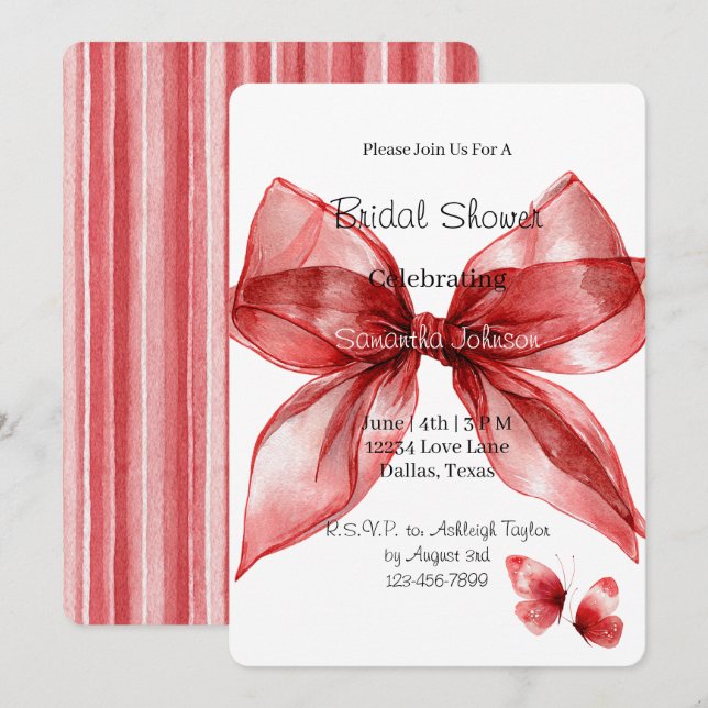 Invitation Papillons à ruban rouge rayures Baby Shower   (Devant / Derrière)