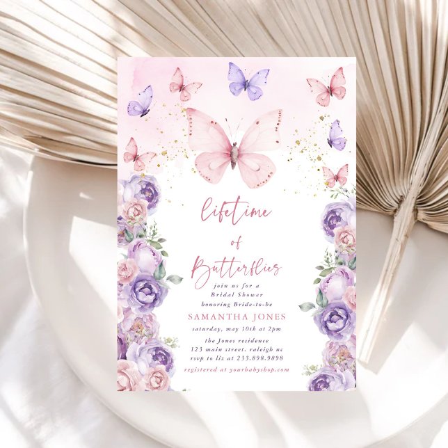 Invitation Papillons à vie Fête des mariées rose violet (Créateur téléchargé)