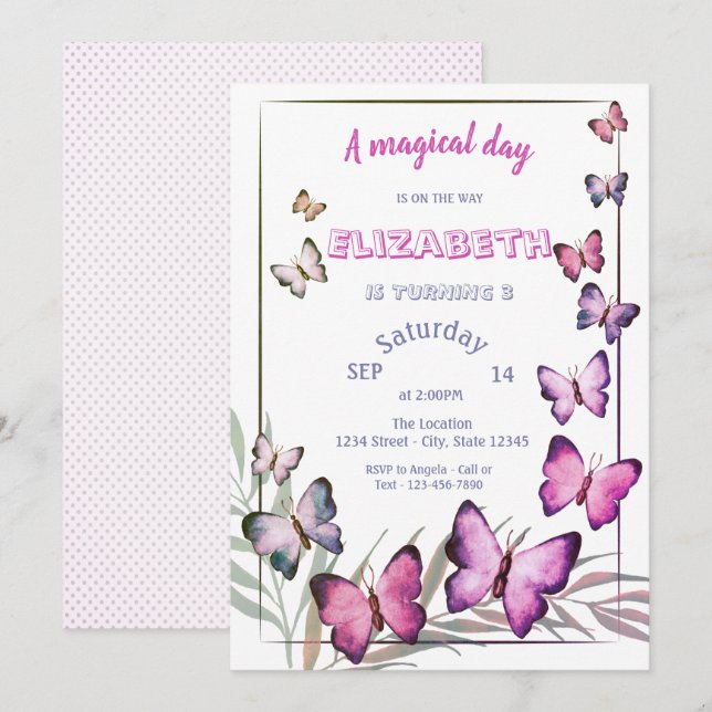Invitation Papillons adorables Anniversaire rayé  (Devant / Derrière)