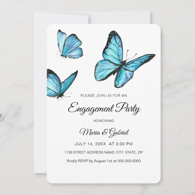 Invitation Papillons aquarelle bleue élégante pour fiançaille (Devant)
