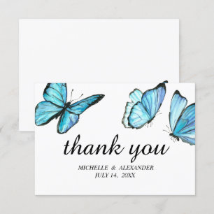 Invitation Papillons aquarelle bleus élégants Merci