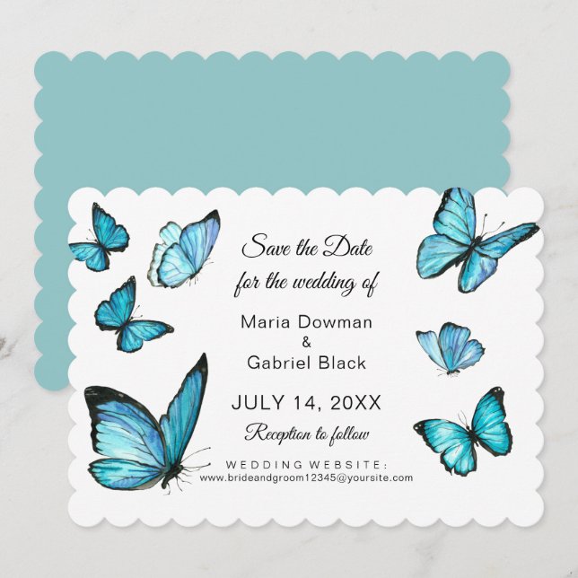 Invitation Papillons aquarelle bleus Modernes faire part (Devant / Derrière)