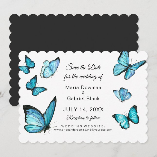 Invitation Papillons aquarelle bleus Modernes faire part (Devant / Derrière)