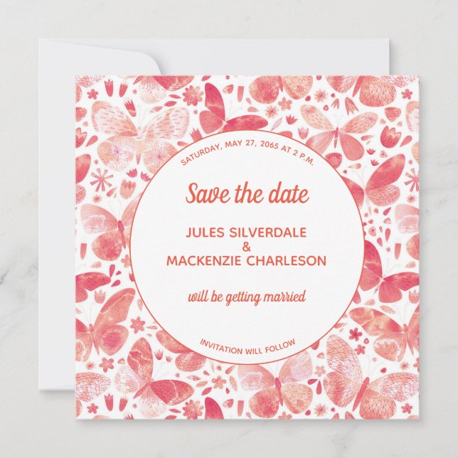 Invitation Papillons Aquarelle Coral rose Enregistrer la date (Devant)