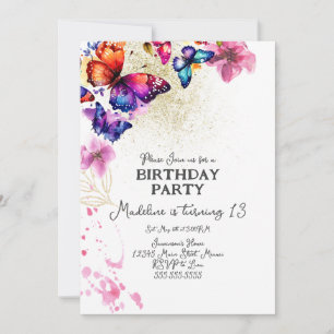 Invitation Papillons Aquarelle dans Florales Or Anniversaire