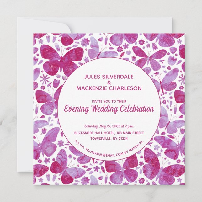 Invitation Papillons Aquarelle Magenta Rose Soirée (Devant)