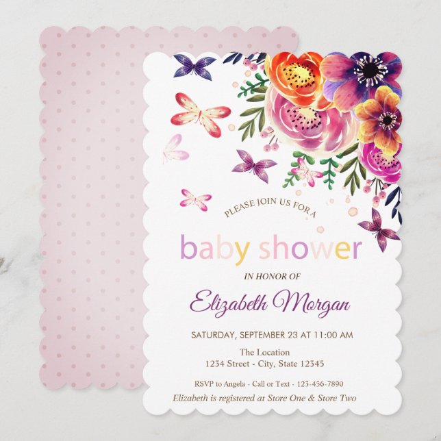 Invitation Papillons Aquarelle Points Floraux Baby Shower (Devant / Derrière)