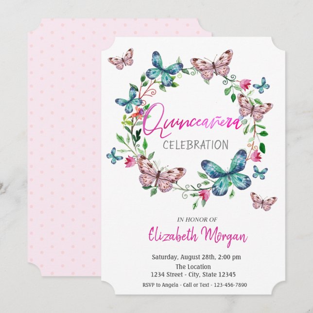 Invitation Papillons Aquarelle Points Roses Quinceanera (Devant / Derrière)