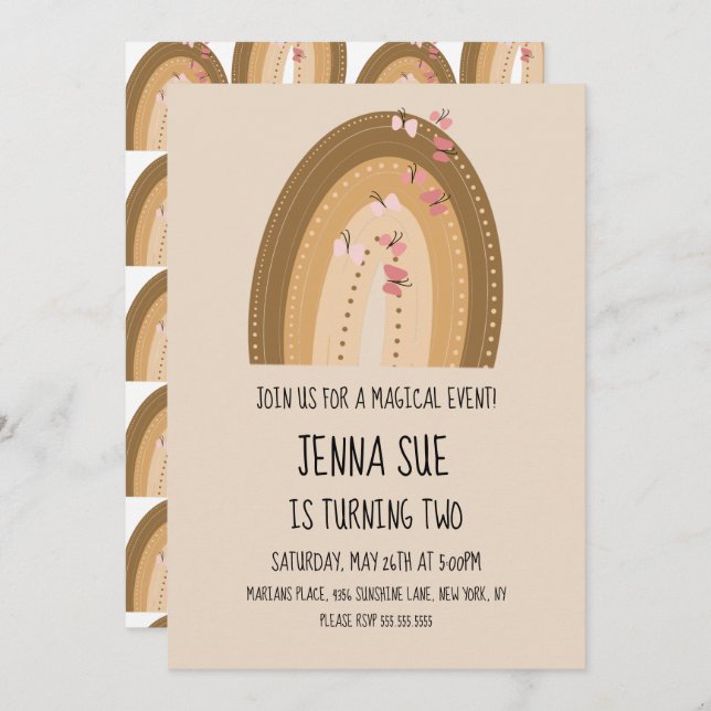 Invitation Papillons arc-en-ciel Bohême Main dessinée Anniver (Devant / Derrière)