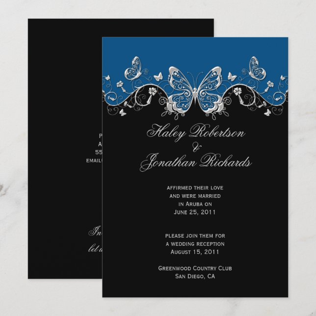 Invitation Papillons Argent Noir Bleu Après-Mariage (Devant / Derrière)