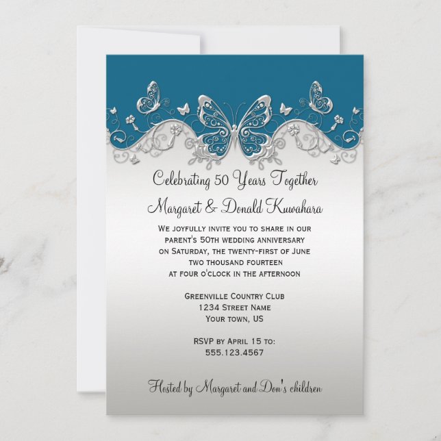 Invitation Papillons Argent Sarcelle 25e Anniversaire (Devant)
