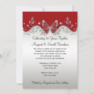 Invitation Papillons argentés rouges 25e anniversaire