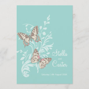 Invitation Papillons art encré aqua crème turquoise mariage