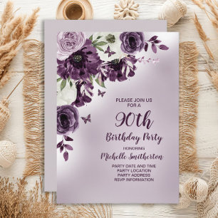 Invitation Papillons aux fleurs blanches violettes 90e annive